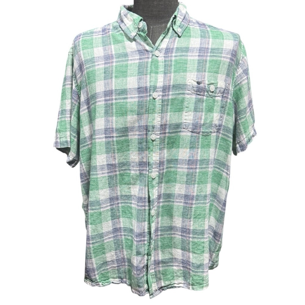 Weatherproof Linen Blend Green Plaid Mens Button‎ Down Shirt Size XL Vacation